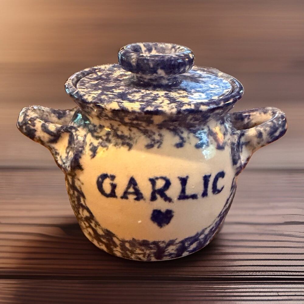 Vintage Hand Made Stoneware GARLIC KEEPER Jar Blue White Artist Signed 3820/68